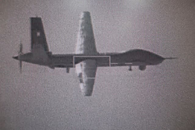 <p>This photograph released by Taiwan Ministry of National Defence taken from a Taiwan Air Force F-16V, shows a Chinese CAIG Wing Loong II drone near Taiwan, Monday, 17 March 2025</p>
