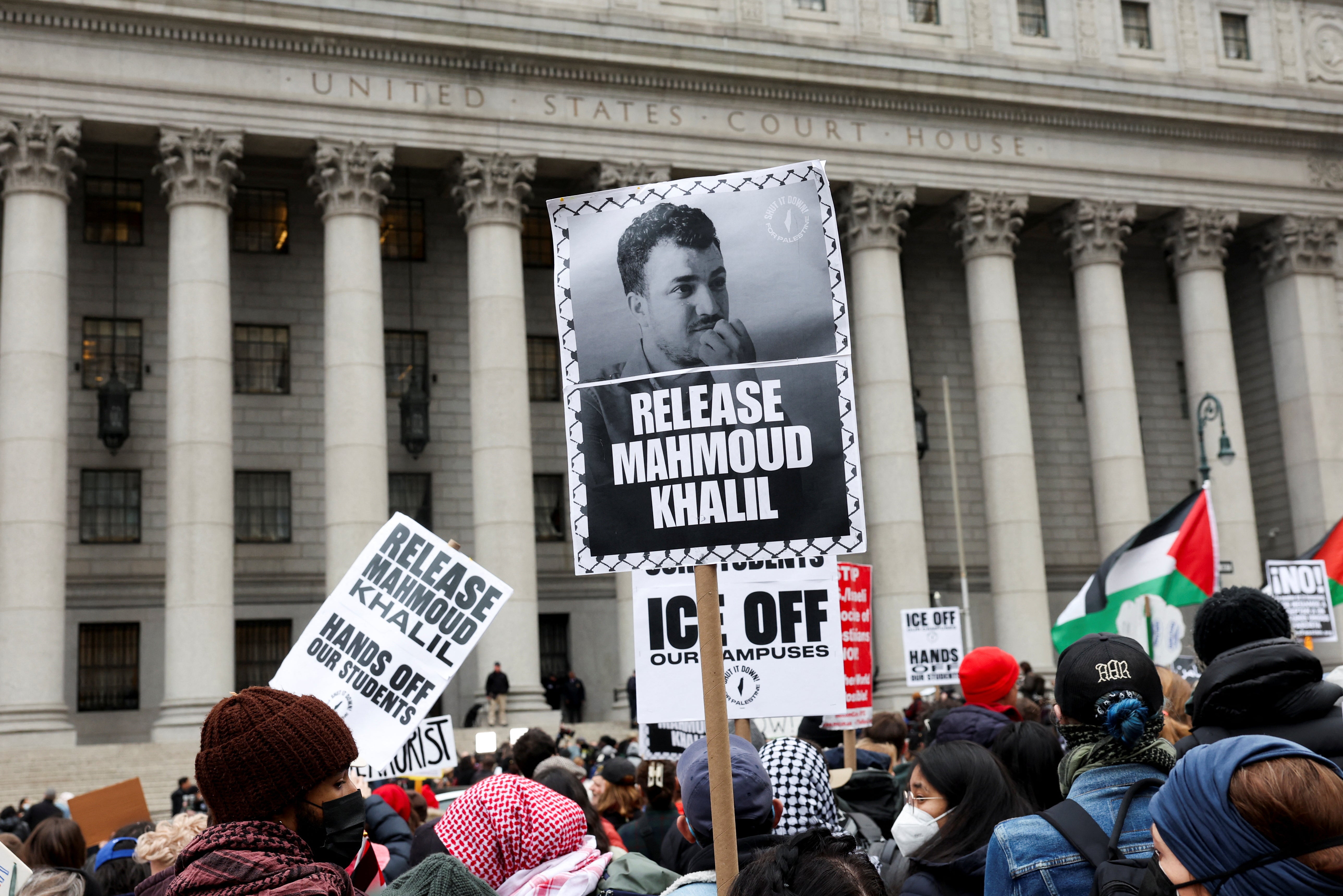 Demonstrators outside a federal courthouse in Manhattan protest against the detention of Palestinian student activist Mahmoud Khalil on March 12