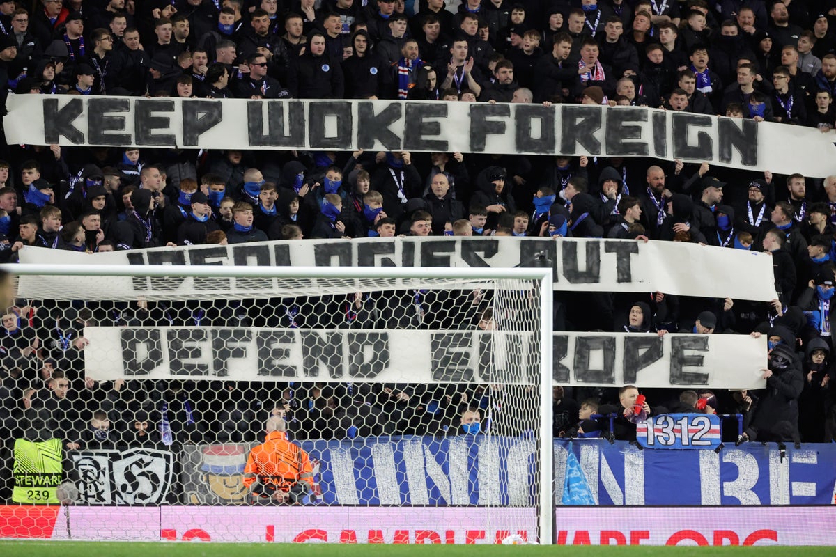 Rangers ‘embarrassed’ by ‘shameful’ anti-woke banner following Uefa charge 