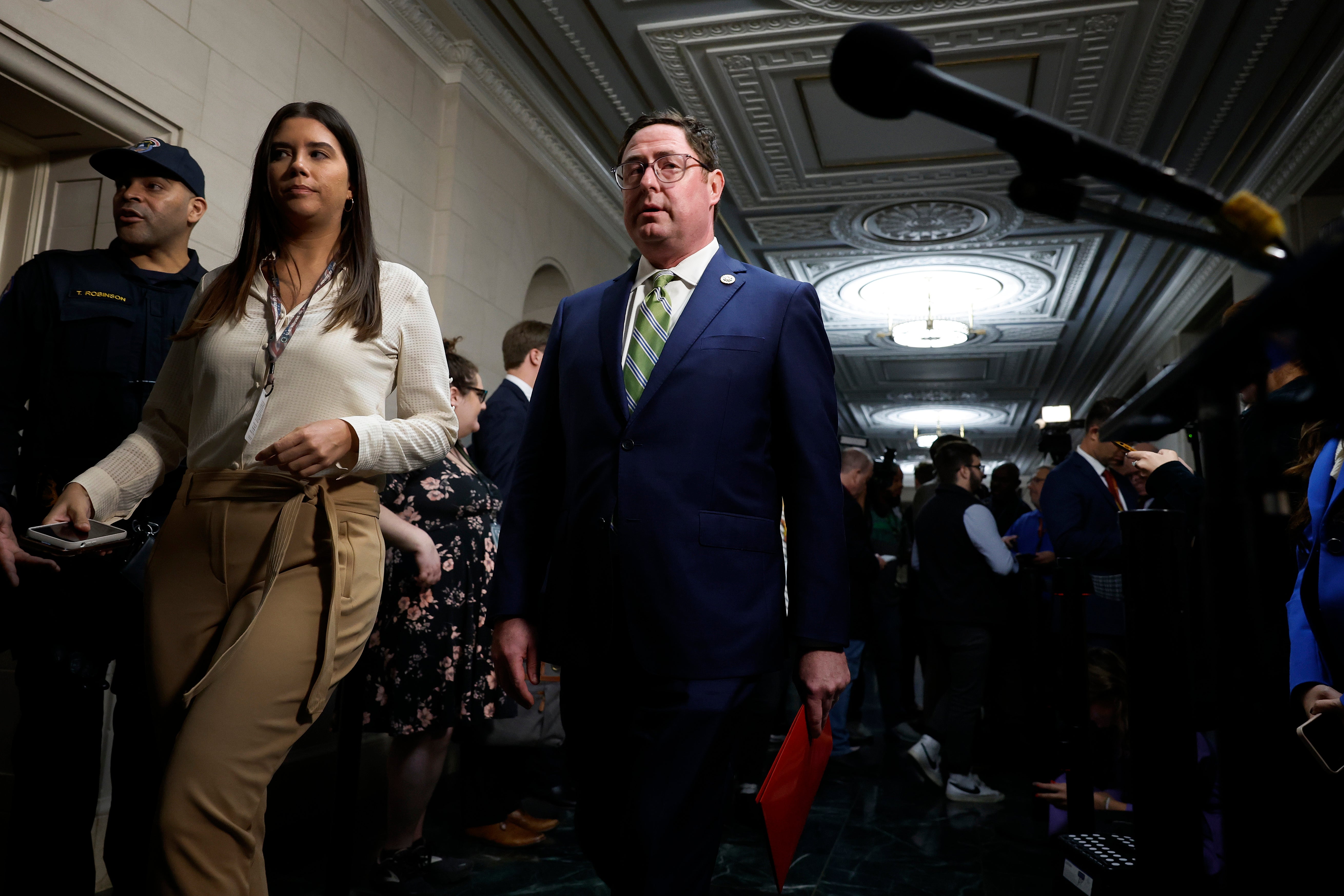 U.S. Rep. Mike Flood (R-NE) arrives at a House Republican candidates forum in the Longworth House Office Building on Capitol Hill on October 23, 2023, in Washington, D.C. Flood faced angry voters during a town hall on Tuesday night