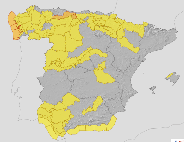 Yellow and orange weather warnings have been issued by Spain's weather bureau for large parts of the country for Thursday