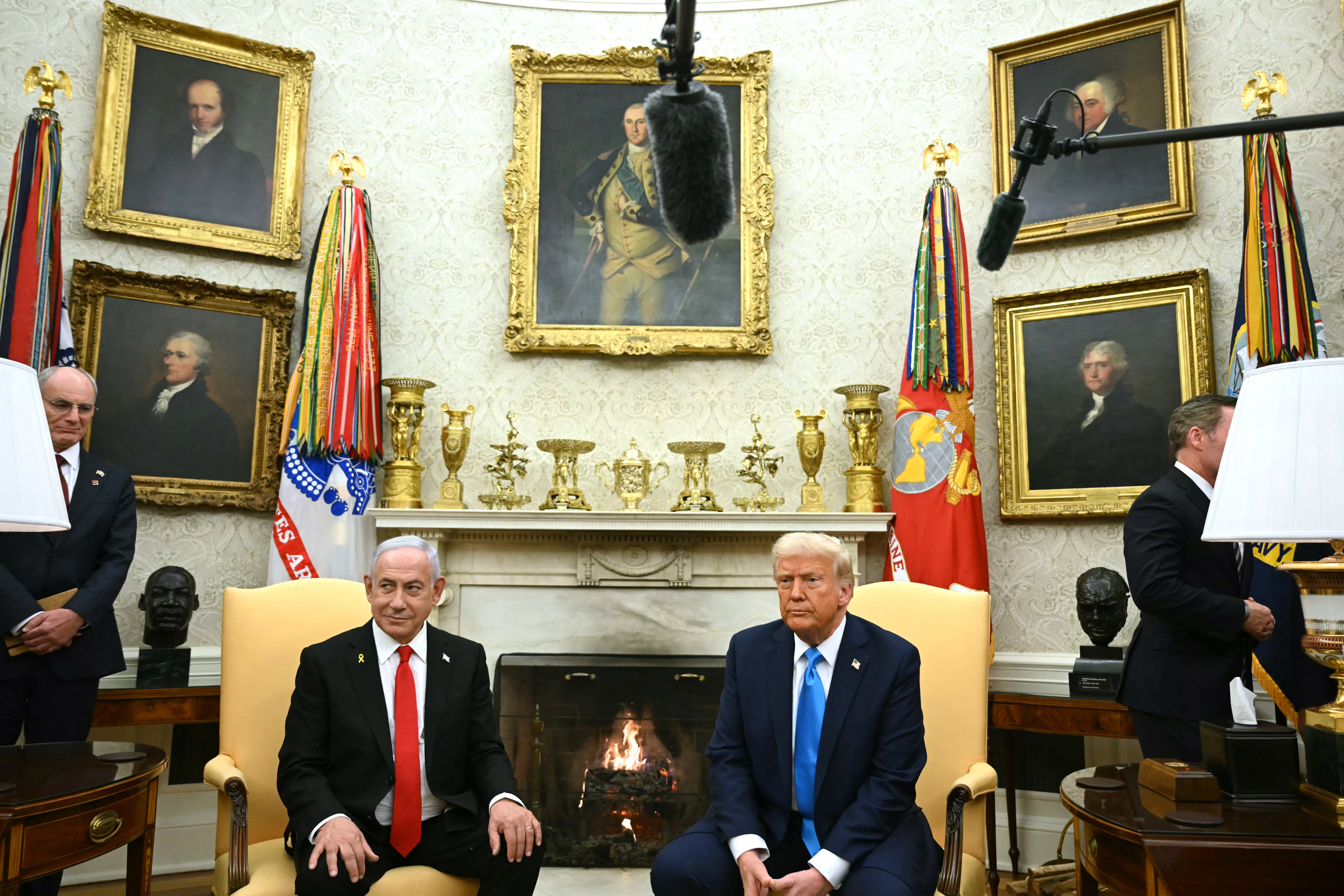 Donald Trump meets with Israel's Prime Minister Benjamin Netanyahu in the Oval Office of the White House in Washington, D.C., on February 4. By the time of the meeting, the ivy that has been on Oval Office staple for decades had been removed