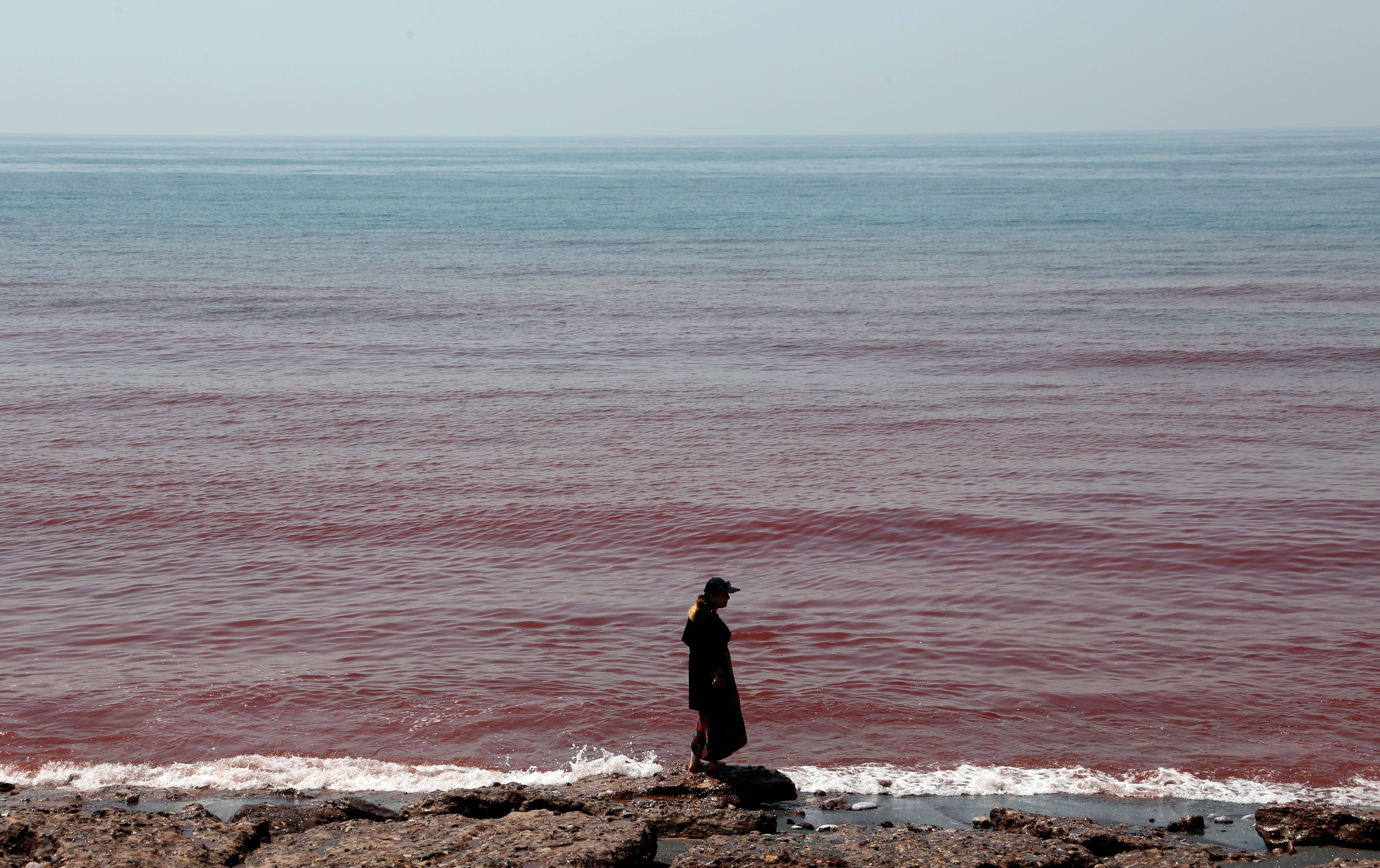 A woman walks along the beach on Hormuz island