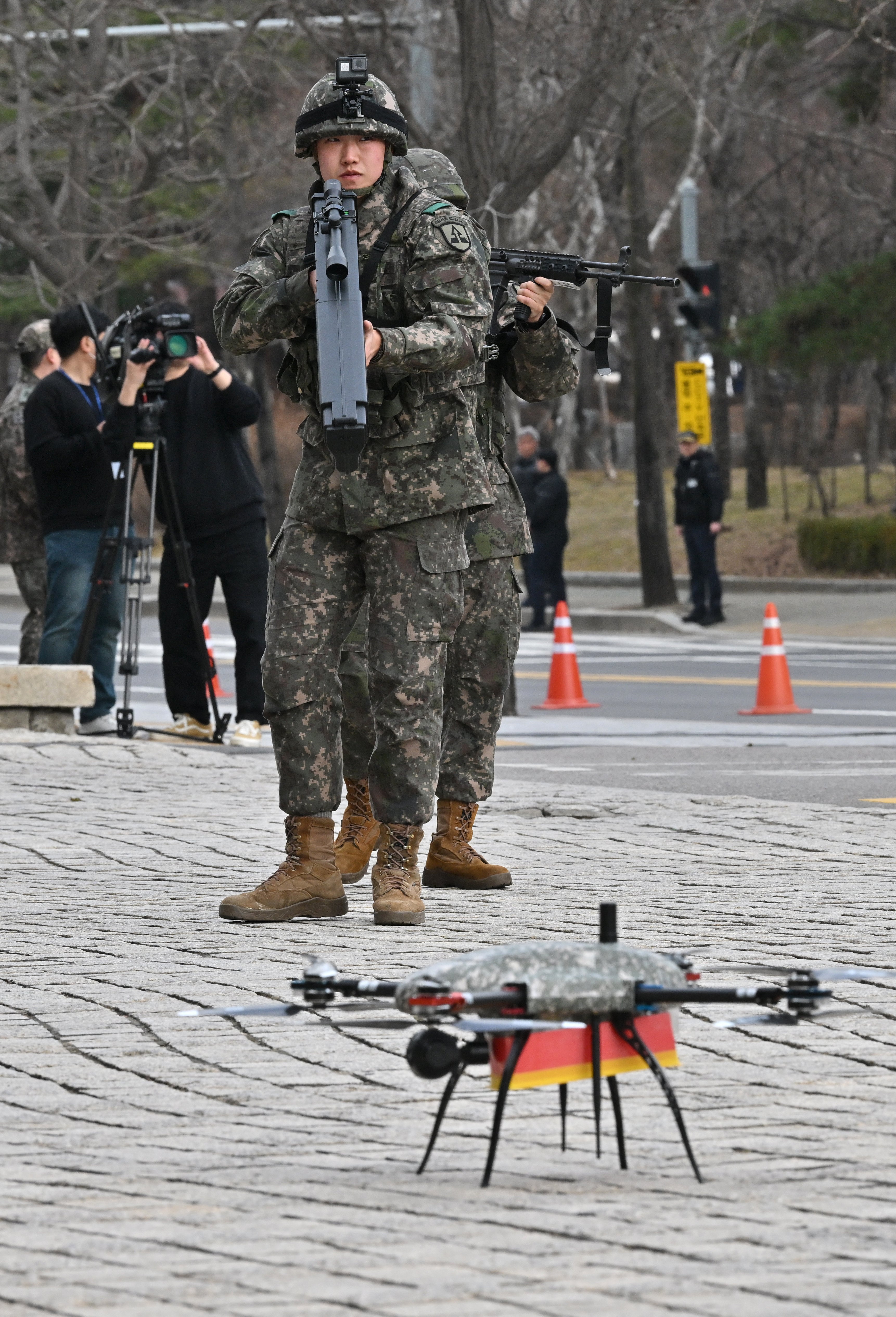 A South Korean soldier uses an anti-drone gun during a drill on the sidelines of the annual Freedom Shield joint military exercises with American forces