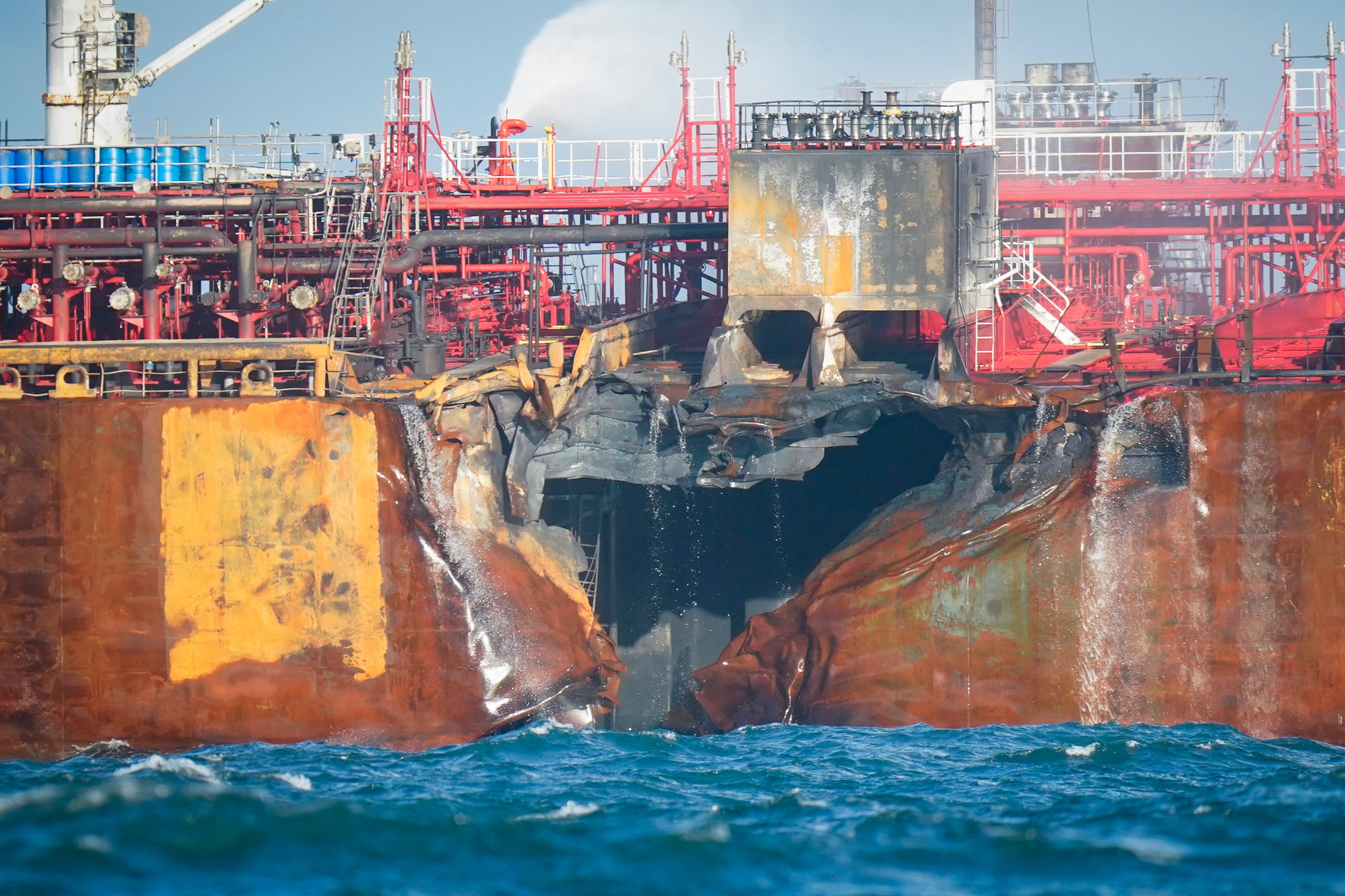 Stena Immaculate tanker at anchor in the North Sea, off the coast of Withernsea, east of England, after it was hit by the MV Solong container vessel on March 10