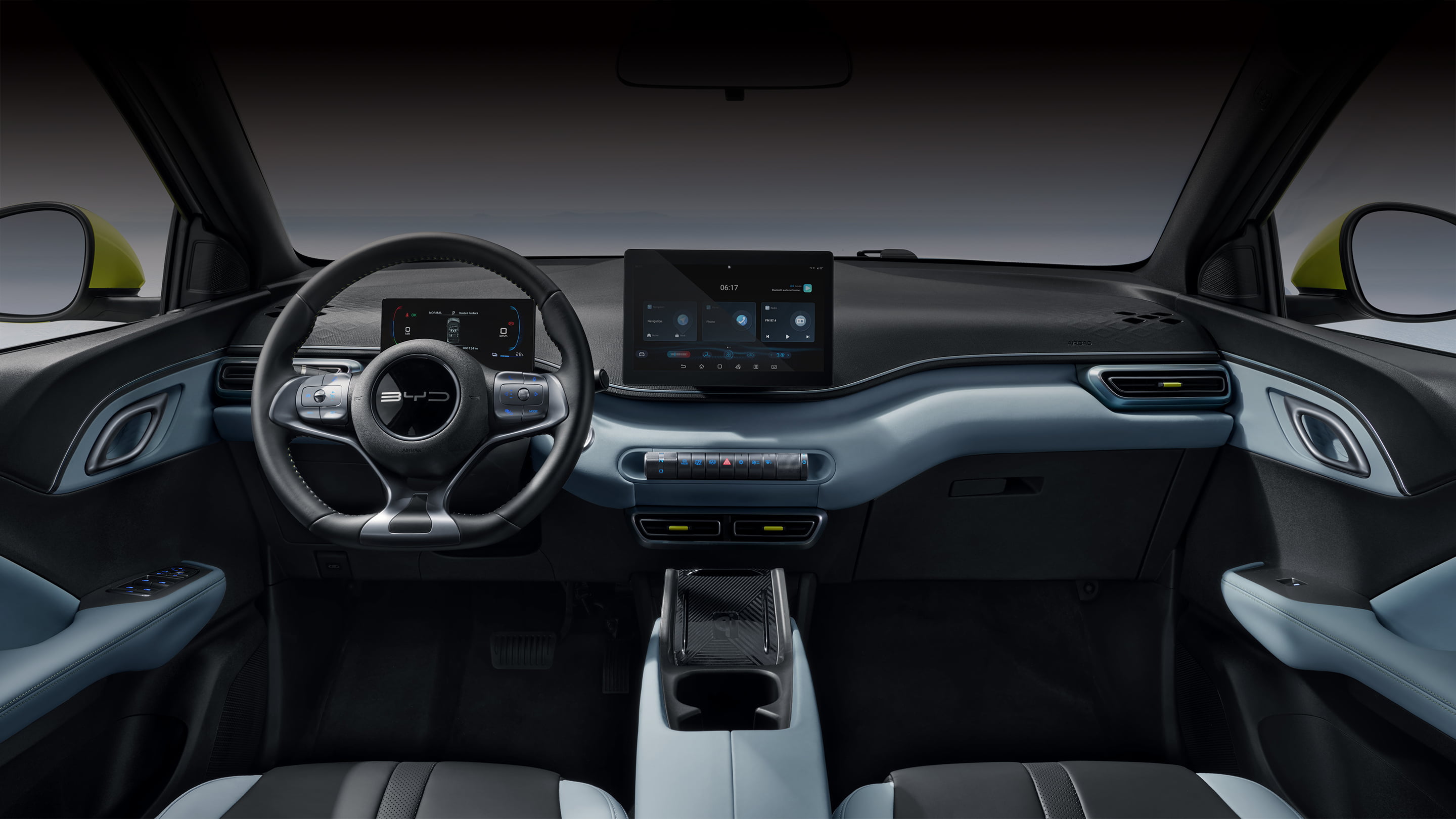 The inside of the new BYD Dolphin Surf features a 10.1-inch infotainment screen