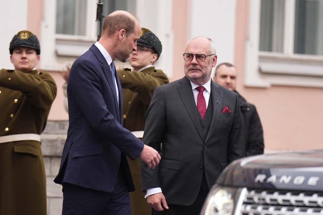 The Prince of Wales (left) leaves after a meeting with the President of Estonia Alar Karis (right) , at the Presidential Office in Tallinn, on the first day of his visit to Estonia (Aaron Chown/PA)
