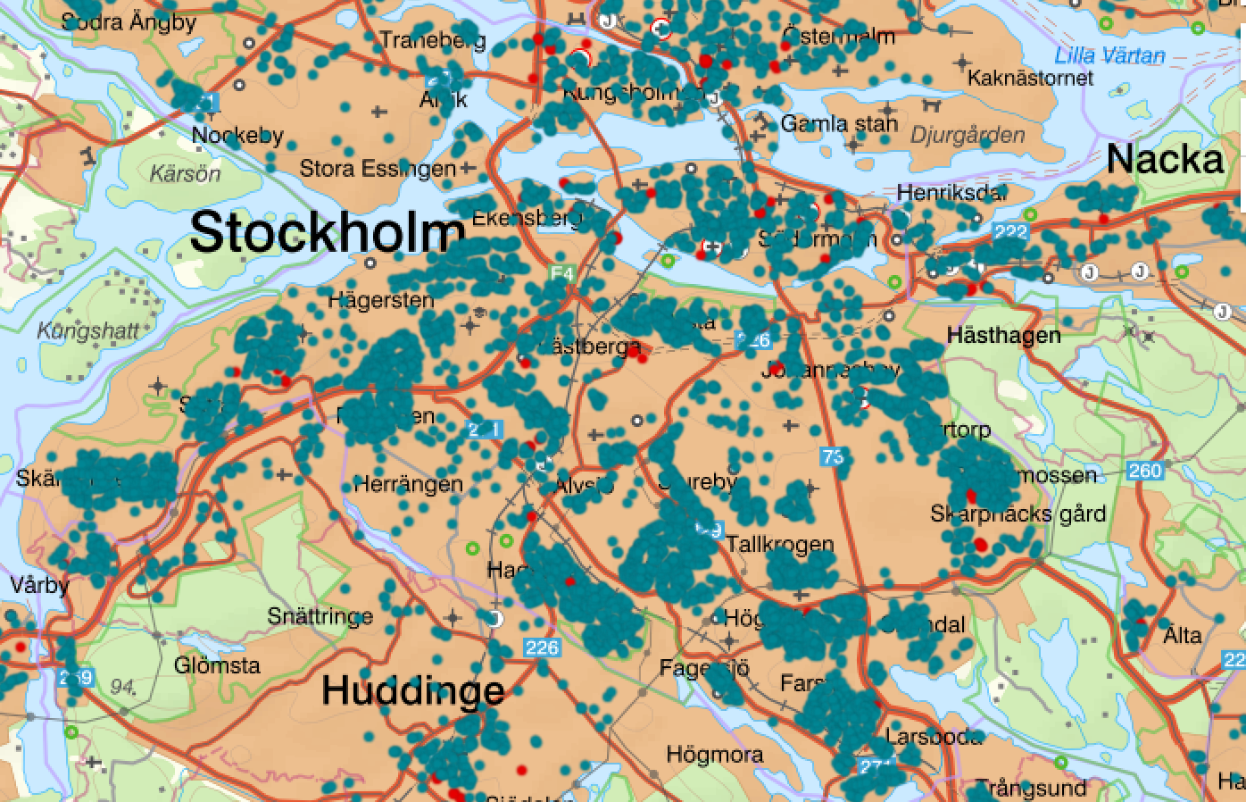 <p>Map shows civil defence shelters in the Stockholm area – there are around 64,000 shelters in Sweden </p>