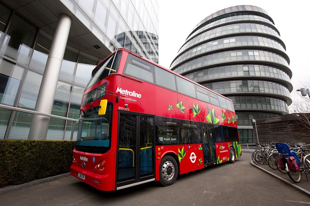 An electric bus, operated by Transport for London (TfL) and made by BYD, in London on 15 March, 2016