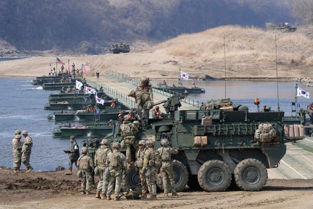 <p>U.S. Army soldiers participate in a joint river-crossing exercise between South Korea and the United States as a part of the Freedom Shield military exercise in Yeoncheon, South Korea, Thursday, March 20, 2025</p>