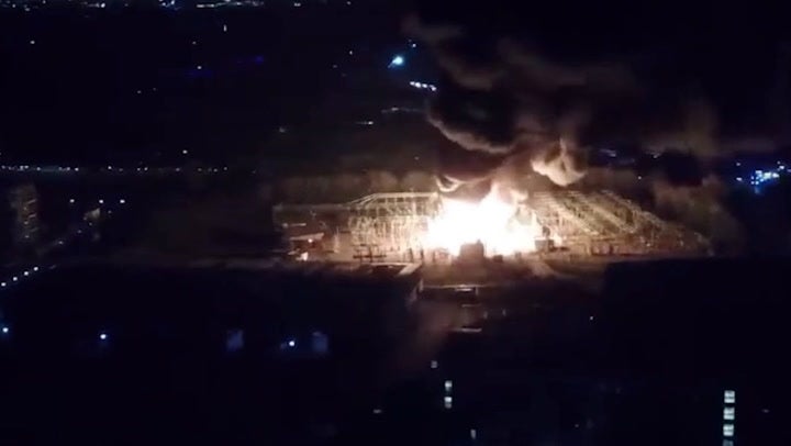 Drone footage shows an electricity substation fire in Hayes, west London