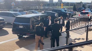 Elon Musk arrives for a meeting at the Pentagon in Washington, D.C., U.S., March 21, 2025 in this screengrab obtained from a video.