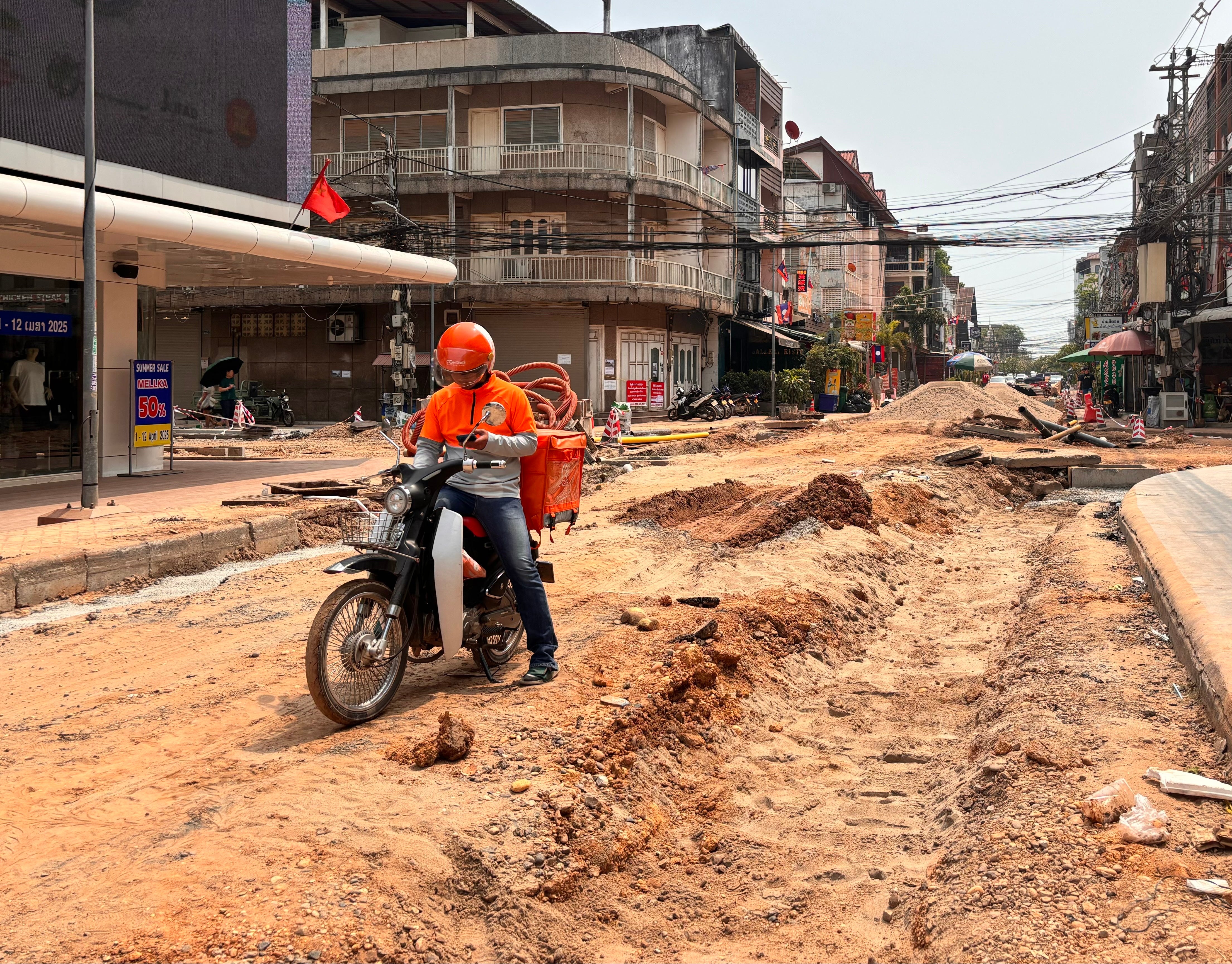 Road under construction in central Vientiane, Laos