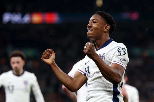 <p>Myles Lewis-Skelly scored on international debut for England</p>