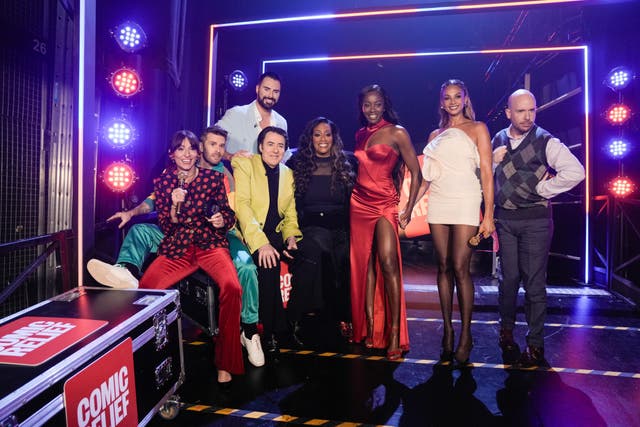 Comic Relief presenters Joel Dommett, Davina McCall, Rylan Clark, Jonathan Ross, AJ Odudu, Alesha Dixon and Tom Allen (BBC/Comic Relief 2025/James Stack/PA)