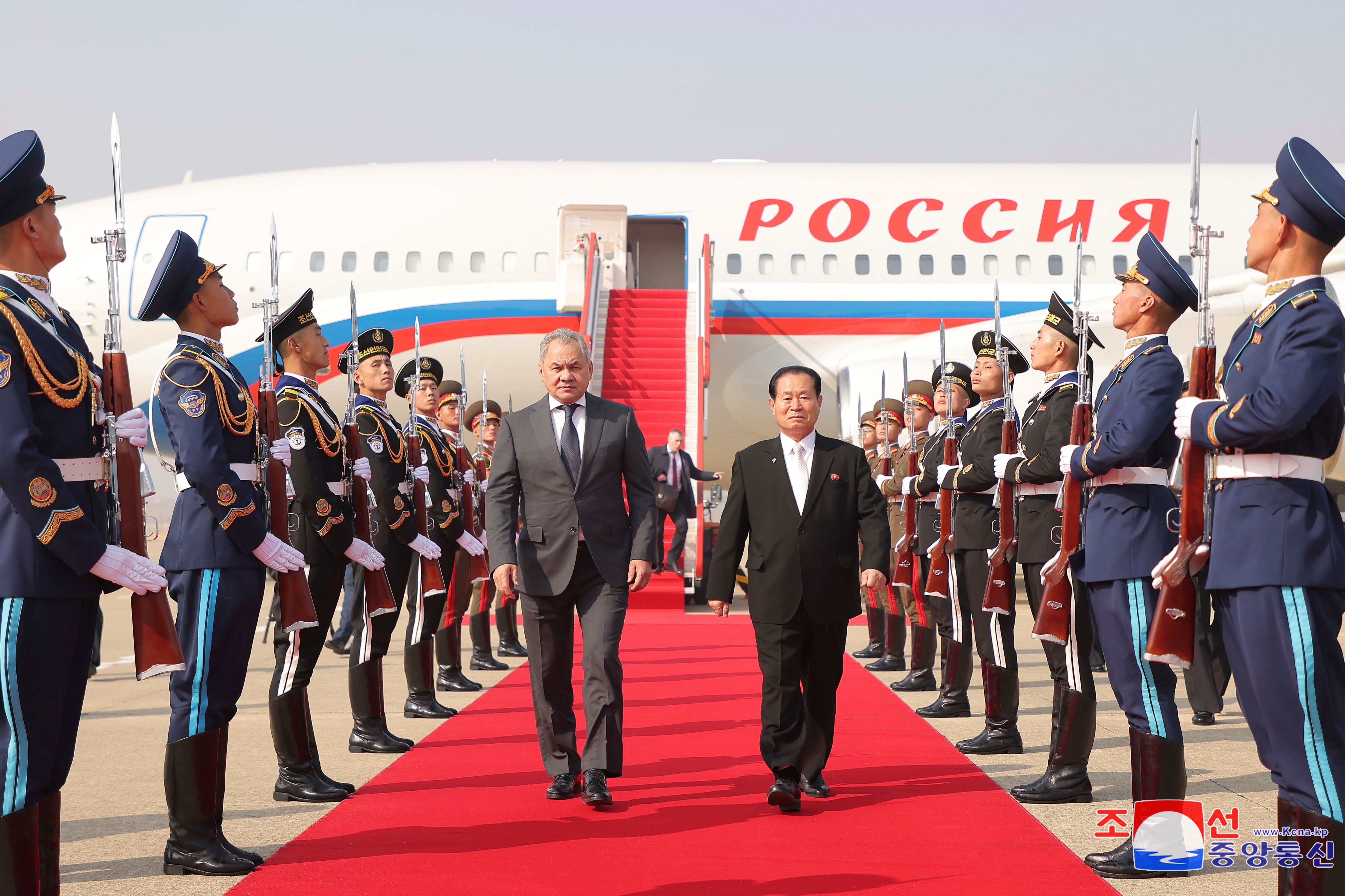 Russia's Security Council secretary, Sergey Shoigu, centre left, arrived at Pyongyang Airport on Friday and was received by Party Secretary Park Chung-cheon, in a photo provided by the North Korean government