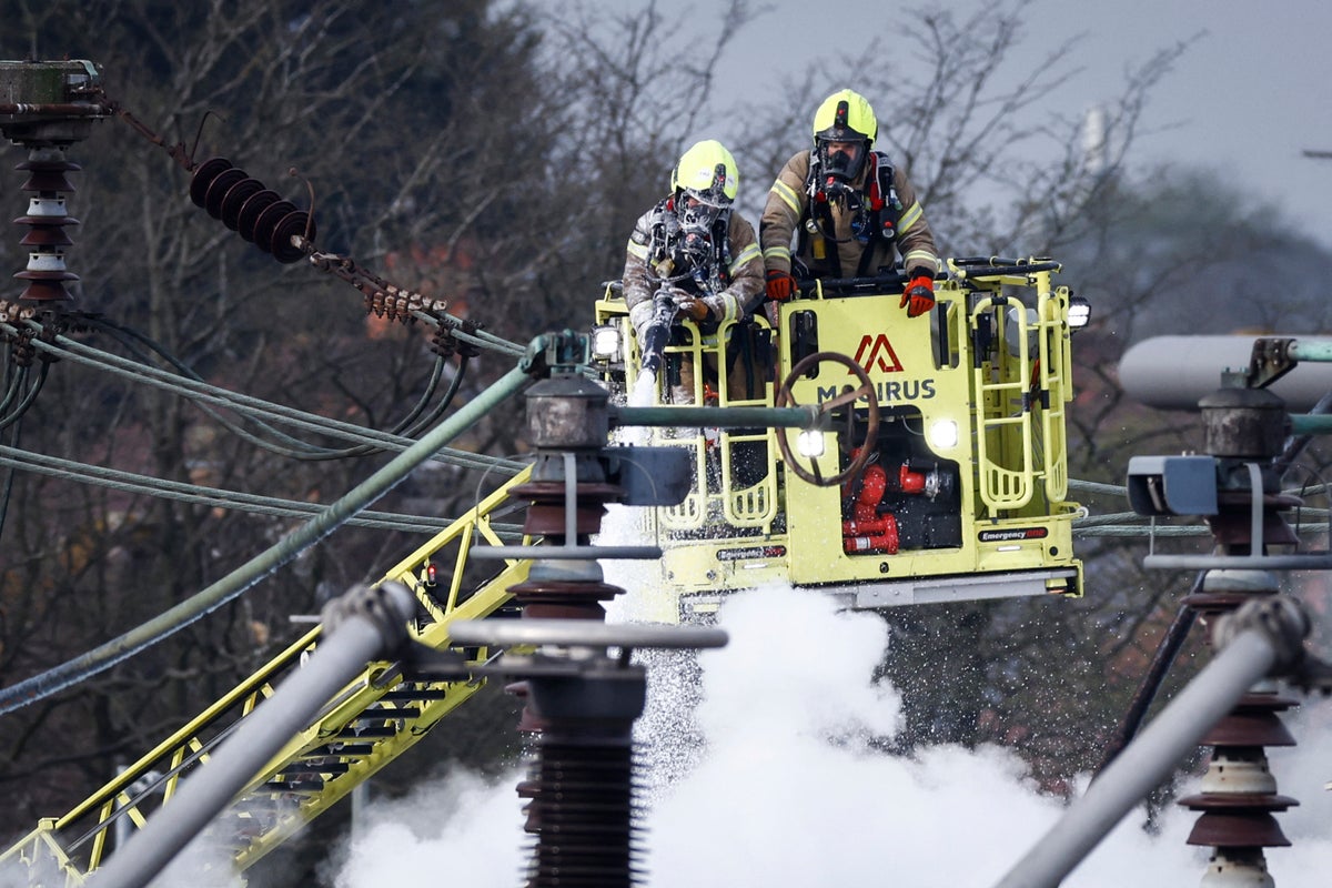 Watch live aerial view of London substation after major fire forces Heathrow Airport closure