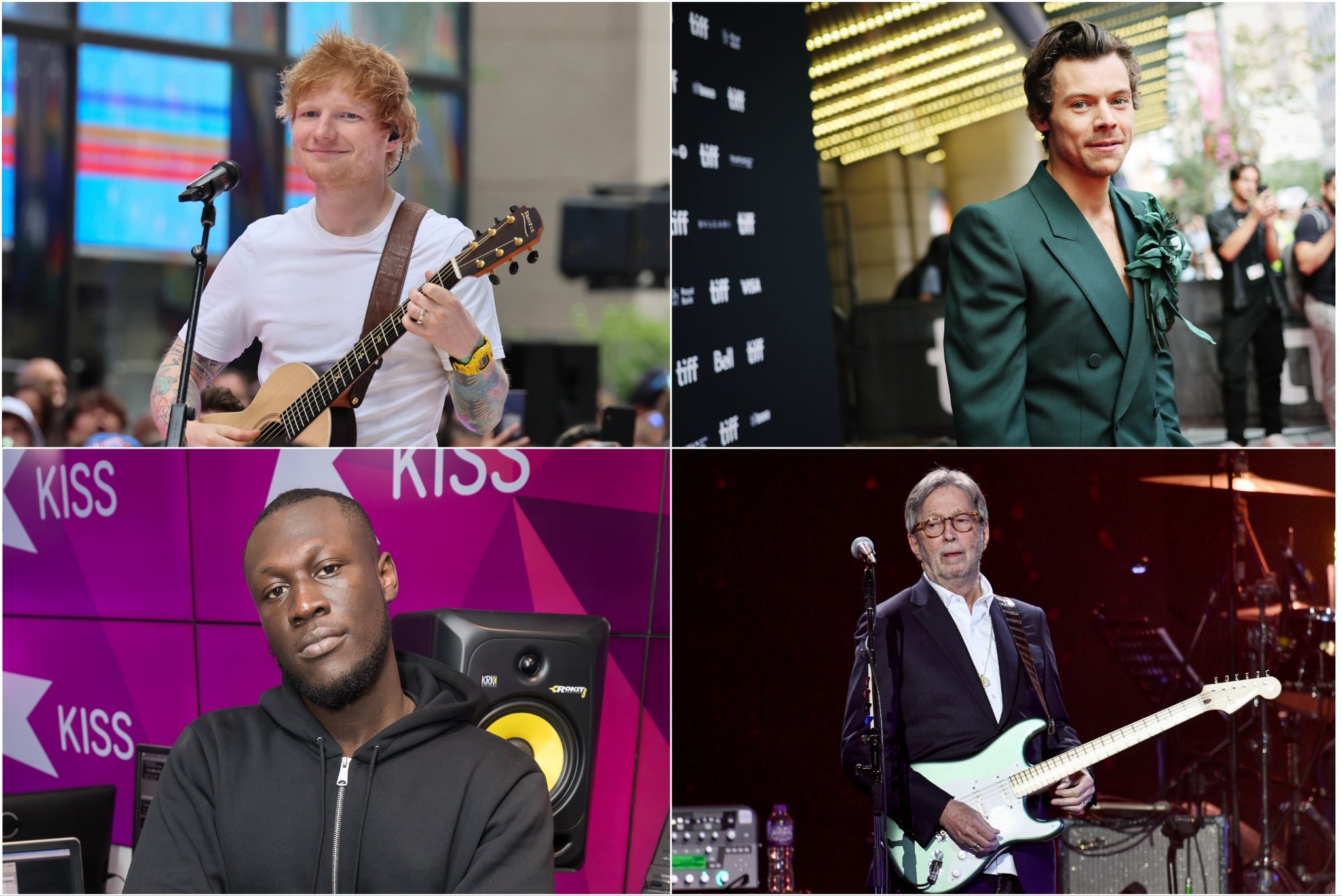 From top left clockwise: Ed Sheeran, Harry Styles, Eric Clapton and Stormzy