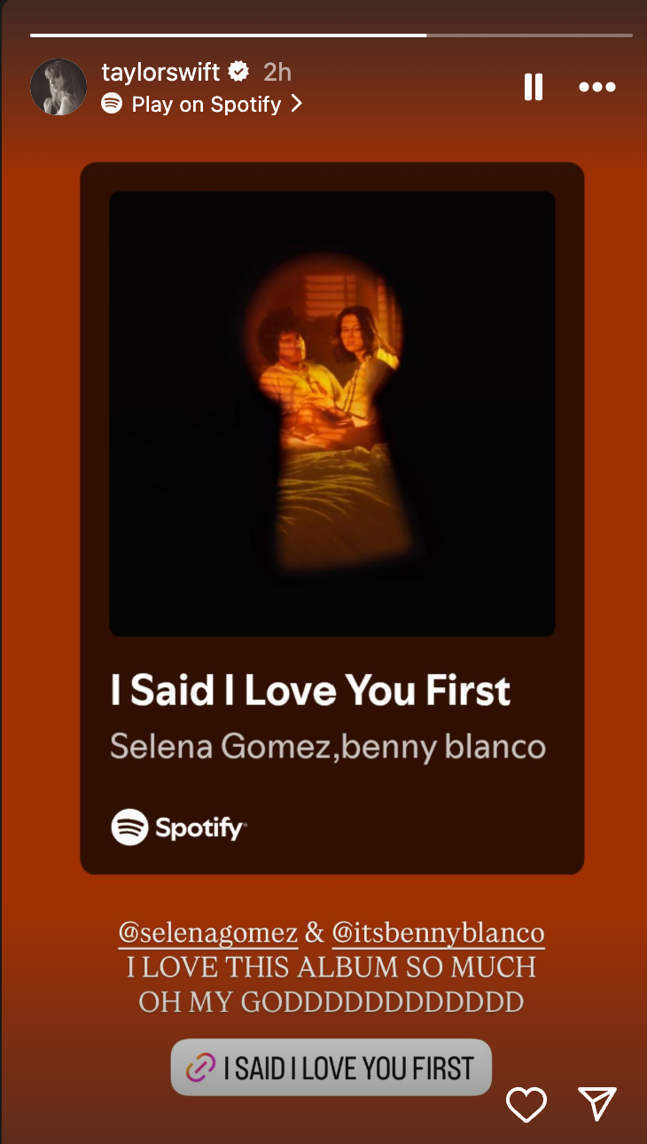 Taylor Swift fawns over her best friend Selena Gomez's new album with Benny Blanco, which was released on March 21