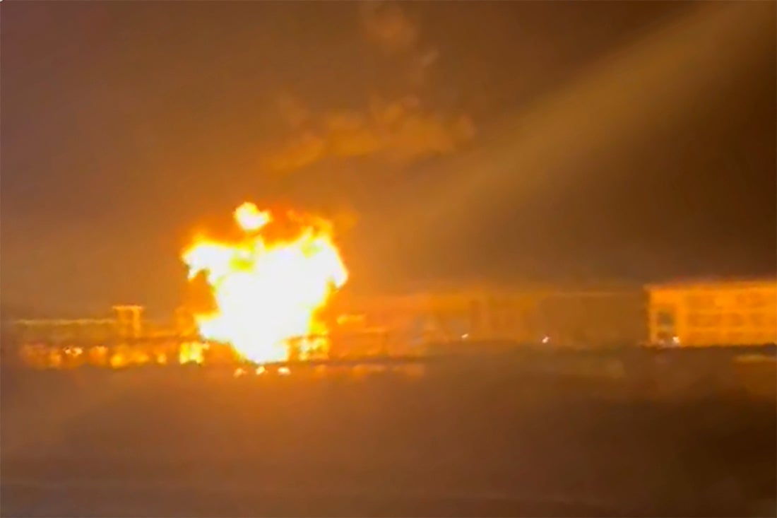 In this photo taken from video provided by Matthew Muirhead, a fire is seen at the North Hyde electrical substation near the Heathrow Airport in London, early Friday, 21 March 2025