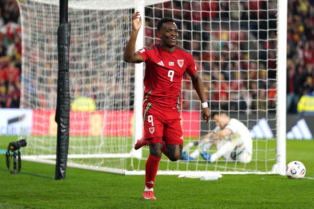 Rabbi Matondo celebrates scoring his first Wales goal at his home stadium in Cardiff (David Davies/PA)