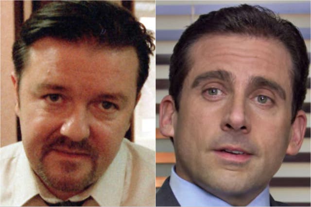 <p>Ricky Gervais as David Brent and Steve Carell as Michael Scott in the UK and US versions of ‘The Office’</p>