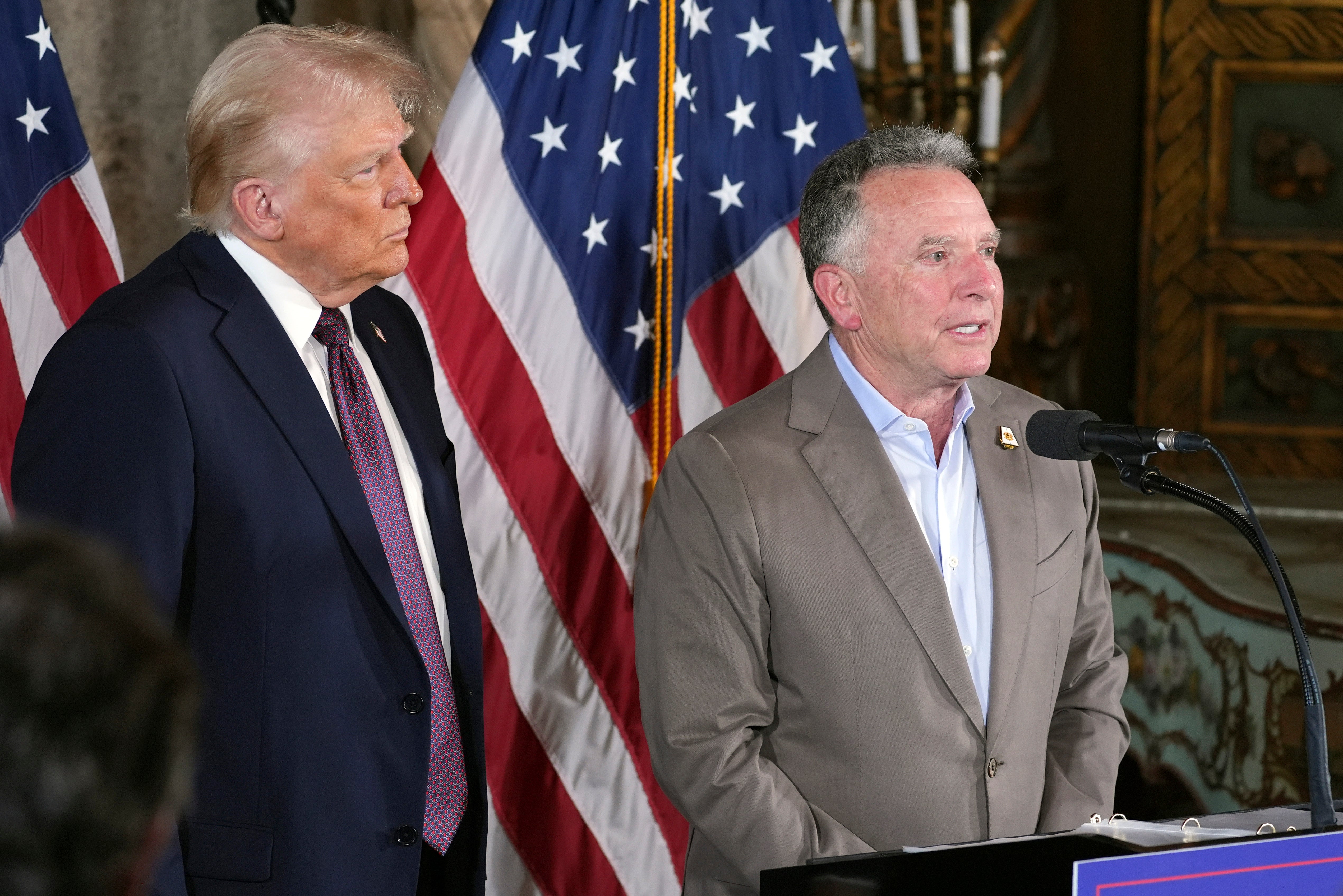 <p>President-elect Donald Trump listens as Steve Witkoff speaks during a news conference at Mar-a-Lago, Jan. 7, 2025, in Palm Beach, Fla. (AP Photo/Evan Vucci, File)</p>