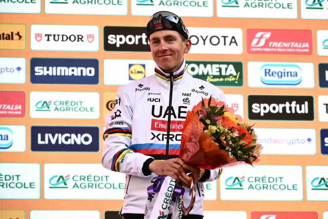 <p>Tadej Pogacar was frustrated in his bid to win a maiden Milan-San Remo crown, finishing third for a second straight year</p>