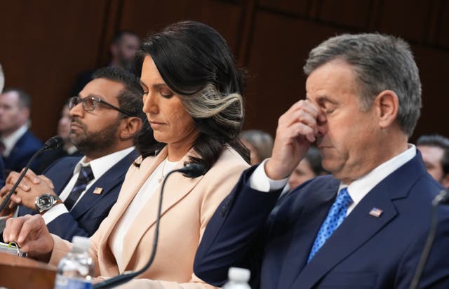 <p>CIA director John Ratcliffe, right, testifies before a Senate Intelligence Committee hearing with Tulsi Gabbard and Kash Patel on March 25, one day after revelations that a journalist was erroneously added to a Signal thread with administration officials organizing a bombing campaign in Yemen</p>