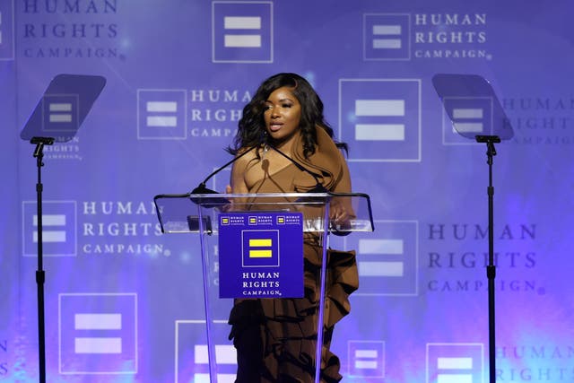 <p>U.S. Representative Jasmine Crockett speaks onstage during Human Rights Campaign's 2025 Los Angeles Dinner at Fairmont Century Plaza on March 22, 2025</p>