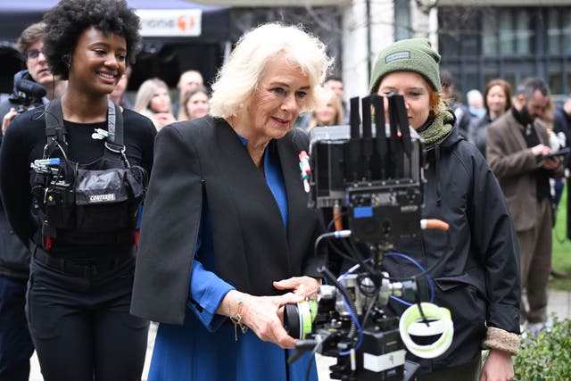 Queen Camilla during a visit to the set of ITV drama Trigger Point in north London, to celebrate 70 years since the first broadcast on ITV (Eddie Mulholland/Daily Telegraph/PA)