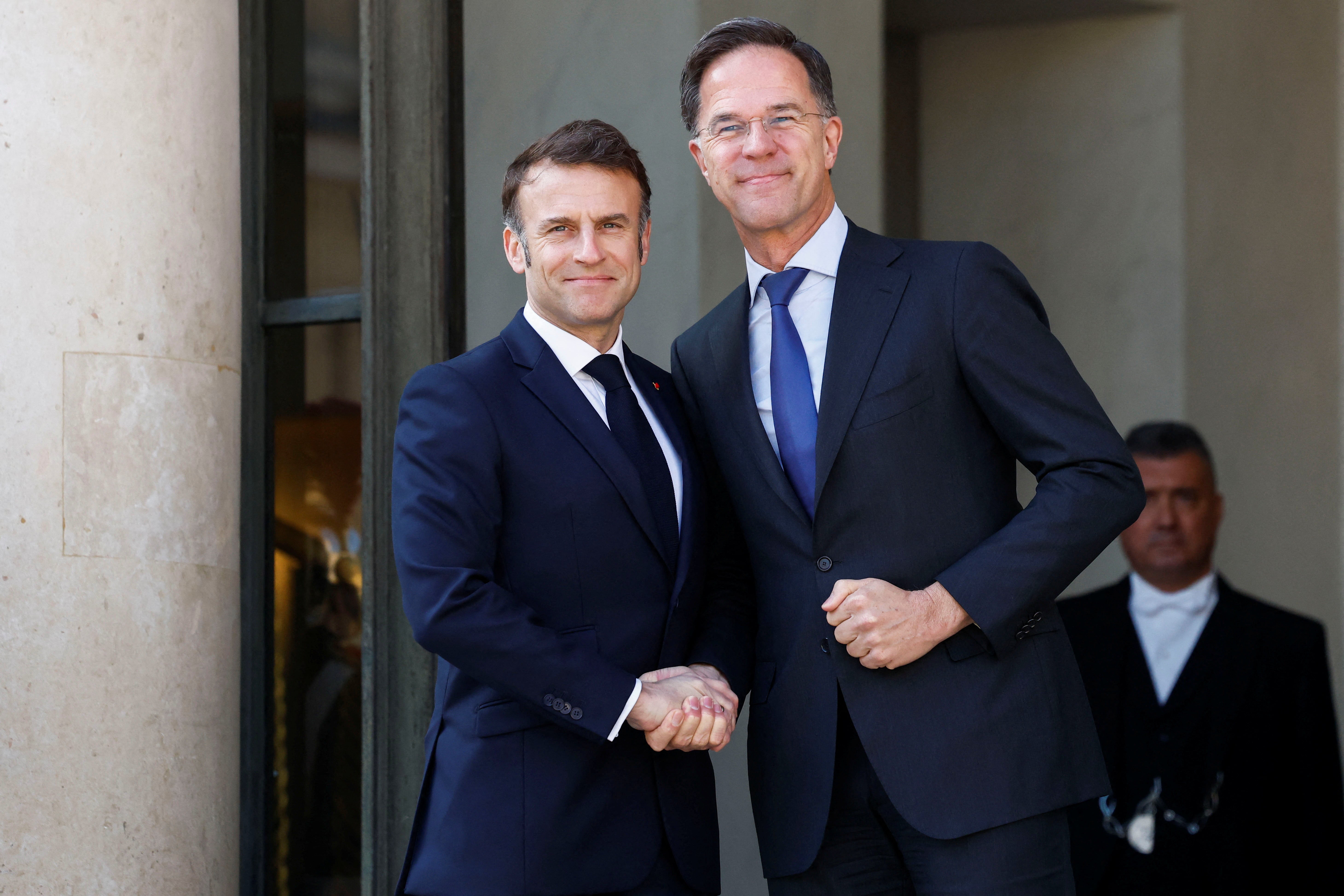 French President Emmanuel Macron welcomes NATO Secretary General Mark Rutte