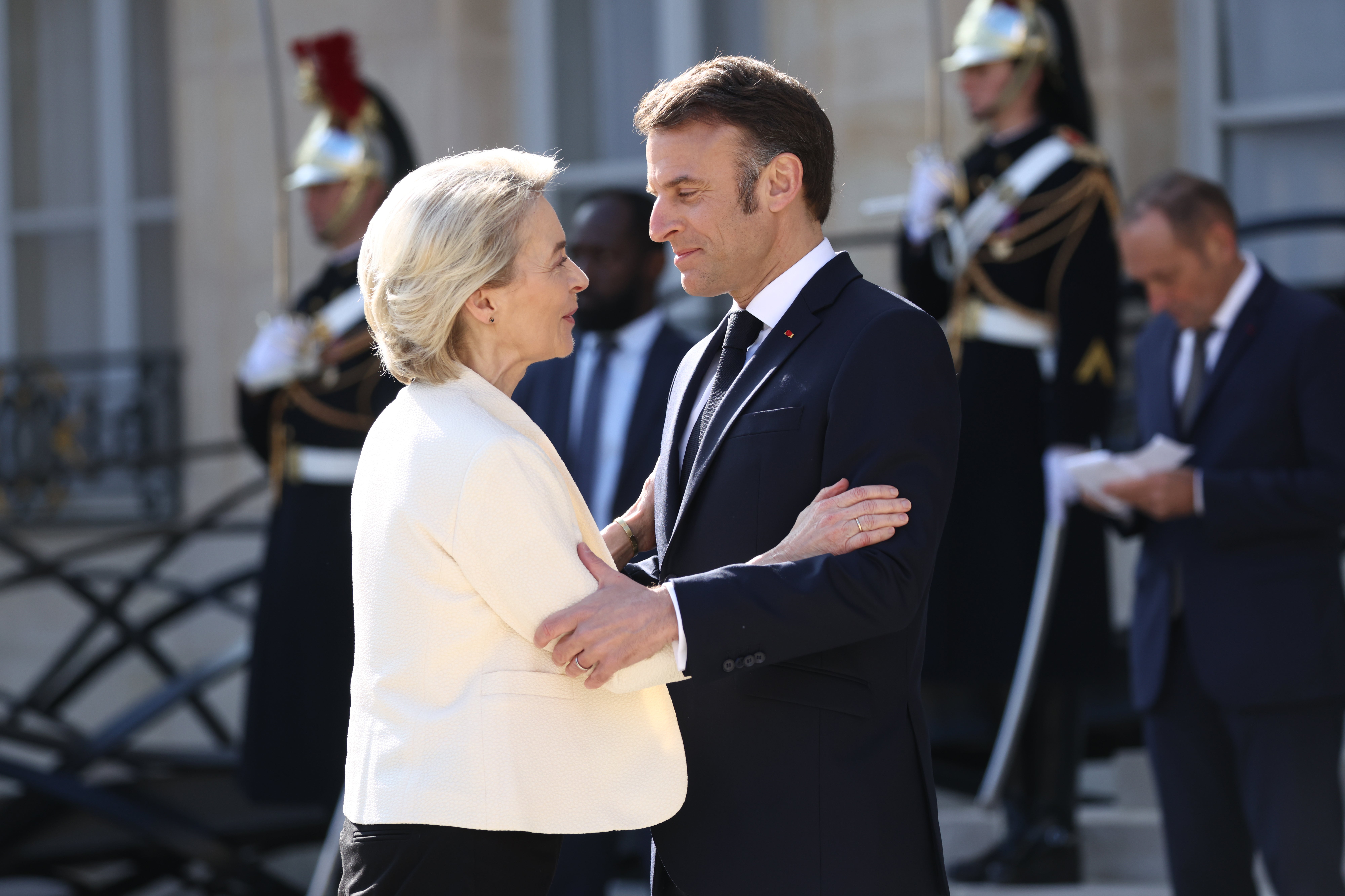 President of the European Commission Ursula von der Leyen is greeted by French President Emmanuel Macron ahead of the 'Coalition Of The Willing' summit