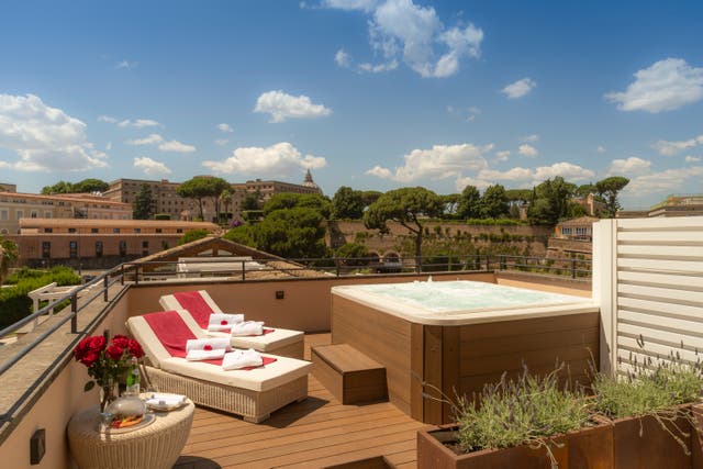 <p>Villa Agrippina’s Renaissance suite includes a large terrace with a hot tub and jaw-dropping views over the Vatican and St Peter’s dome</p>