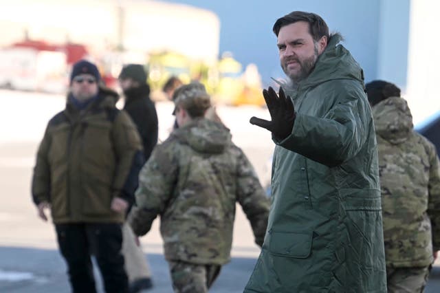 <p>Vice President JD Vance arrives at Pituffik Space Base in Greenland, Friday, March 28, 2025. (Jim Watson/Pool via AP)</p>