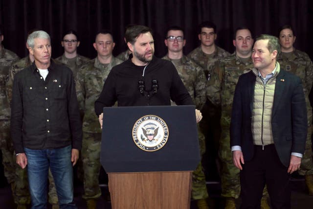 <p>Vice President JD Vance, joined by Energy Secretary Chris Wright, left, and White House National Security Adviser Mike Waltz, right, speaks at Pituffik Space Base, Friday, March 28, 2025, in Greenland. (Jim Watson/Pool via AP)</p>