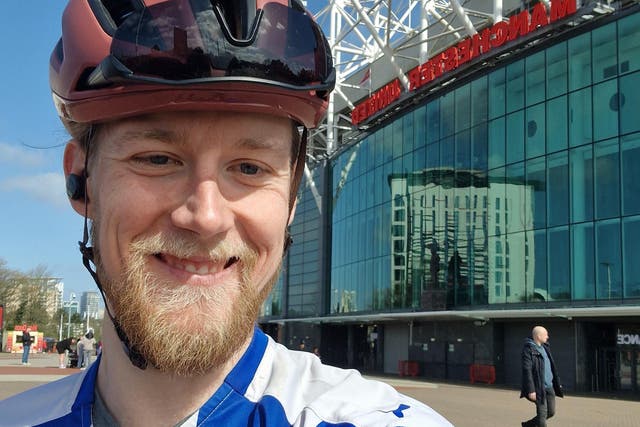 Matt Jopson is attempting to cycle to all 92 English Football League clubs in memory of his uncle who died from prostate cancer (Matt Jopson/PA)