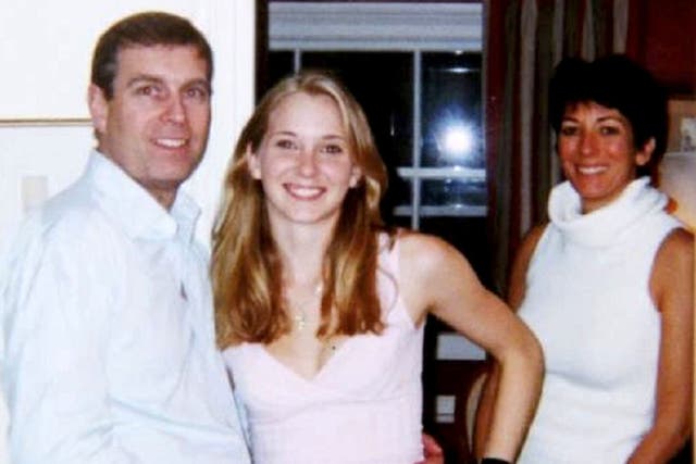 <p>Virginia Giuffre (nee Roberts), pictured with Prince Andrew and Ghislaine Maxwell. Giuffre has died by suicide at 41</p>