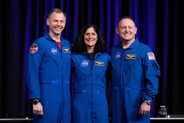 <p>Astronauts Nick Hague (left), Suni Williams (center) and Butch Wilmore (right) speak at a press conference at Johnson Space Center. On March 18, Williams and Wilmore returned from an unexpected nine-month stay in space</p>