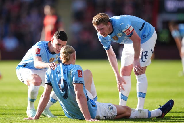 Manchester City’s Erling Haaland will miss up to seven weeks of action (Adam Davy/PA)