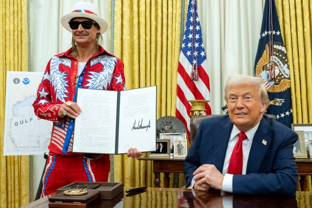 <p>Kid Rock wore a bedazzled red, white and blue suit in the Oval Office on Monday that cost more than $20,000 to make</p>