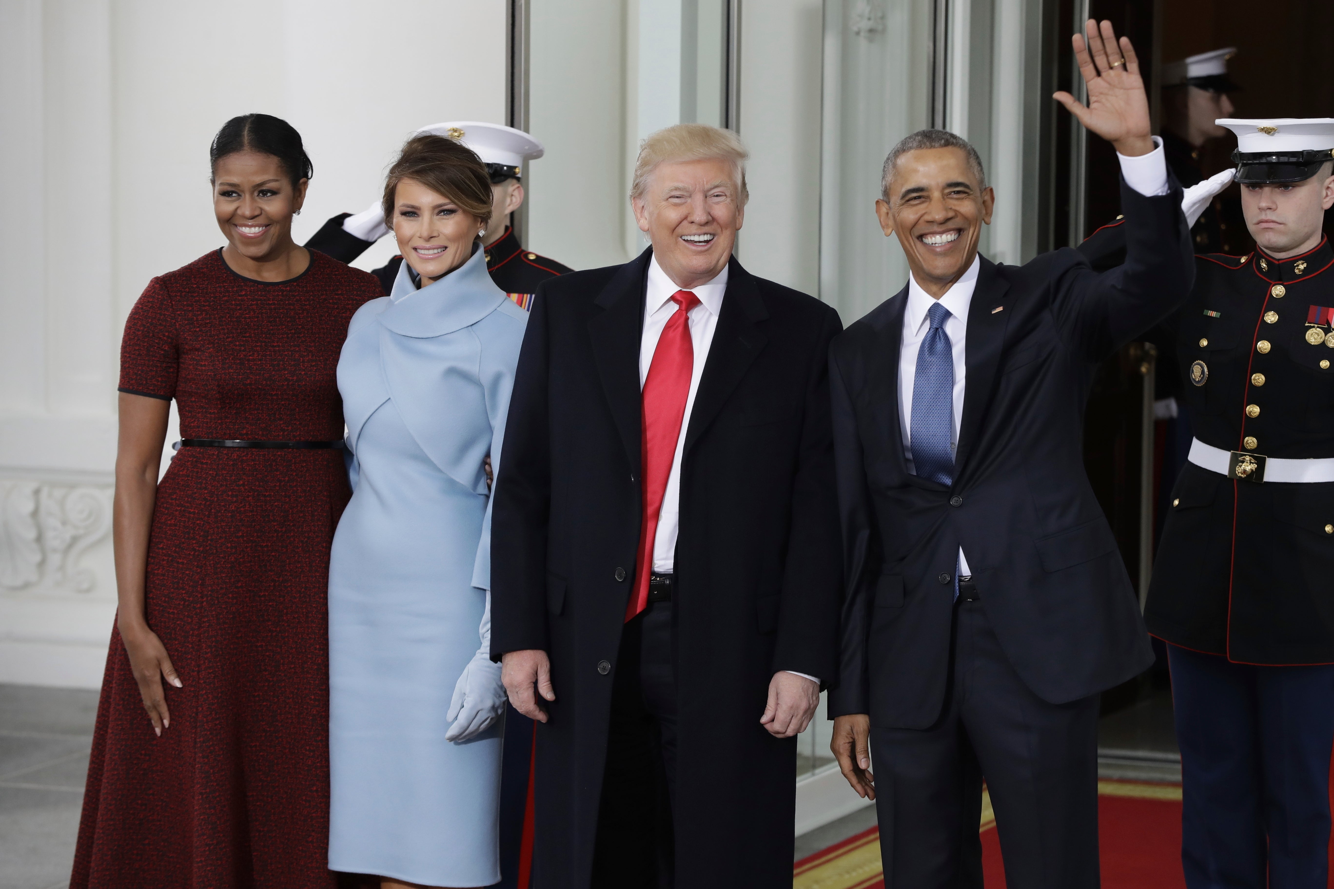 Melania sported a blue dress for Trump’s inauguration in 2017, a look which the stolen statue was loosely based upon