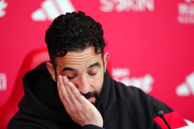 <p>Ruben Amorim cut a dejected figure after the match (Mike Egerton/PA)</p>