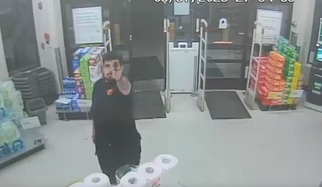 <p>Narciso Gallado Fernandez was caught on surveillance footage waving a gun around a Walgreens before shooting the camera off the wall</p>