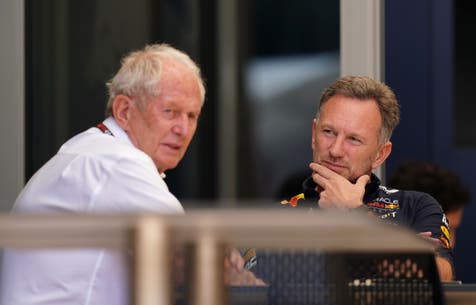 <p>Helmut Marko (left) with team principal Christian Horner (David Davies/PA)</p>