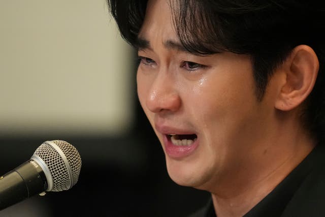 <p>South Korean actor Kim Soo-hyun speaks at a news conference in Seoul, South Korea, on Monday</p>