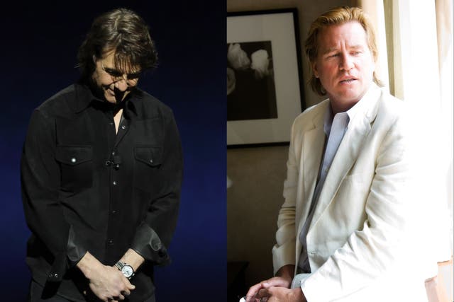 <p>Tom Cruise holds a moment of silence at CinemaCon for Val Kilmer, pictured right in 2008</p>