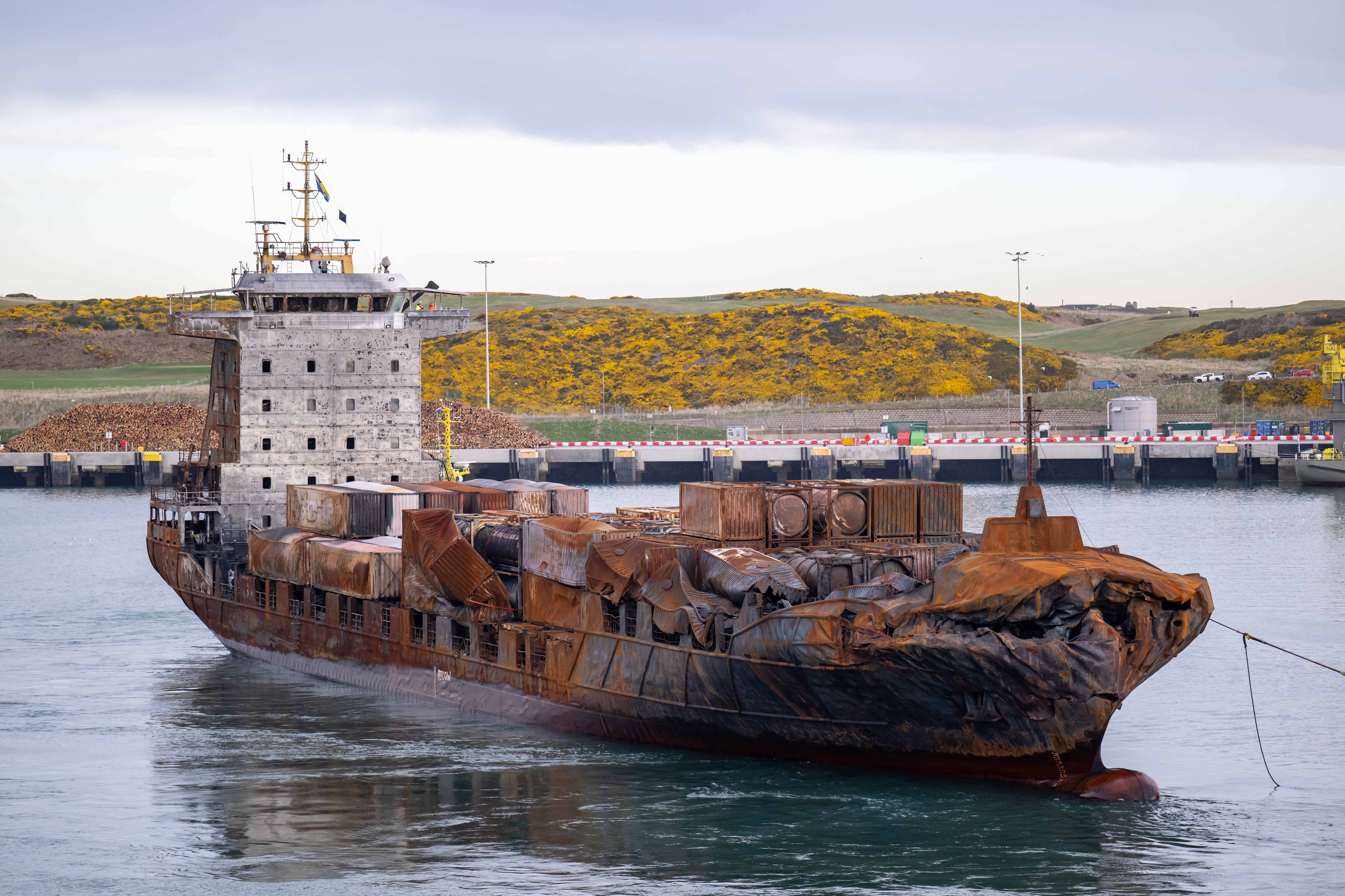 The Solong being towed in to the port of Aberdeen following the collision (Michael Wachucik/PA)