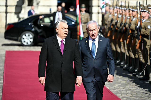 <p>Hungary’s prime minister Viktor Orban (left) and Israeli prime minister Benjamin Netanyahu pictured on Thursday</p>