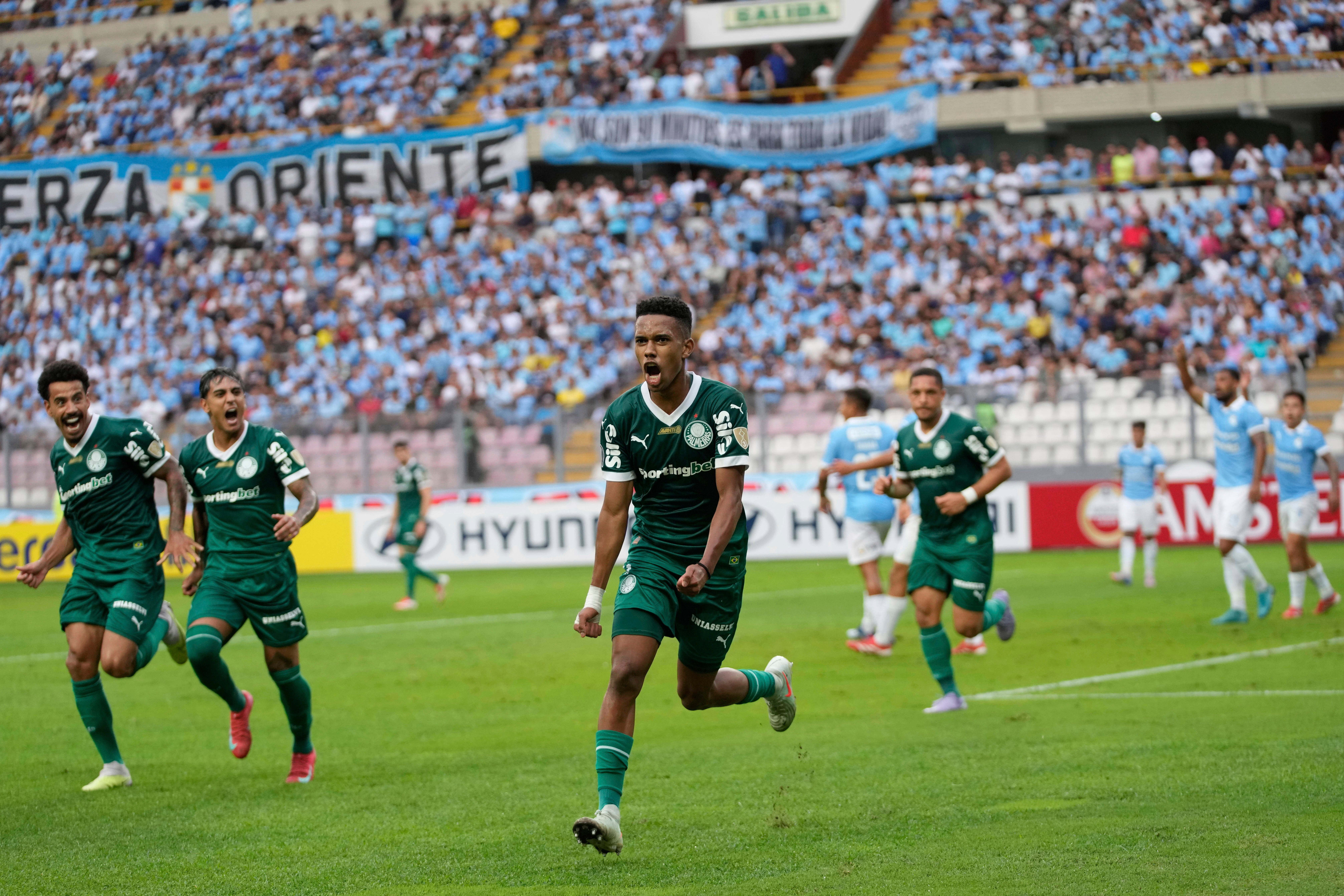 Estevao celebrates for Palmeiras against Sporting Cristal in the Copa Libertadores